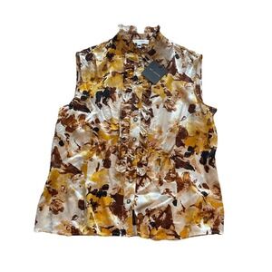 NEW ST JOHN Collection Sleeveless Silk Blouse Top Butterscotch Floral Size 14